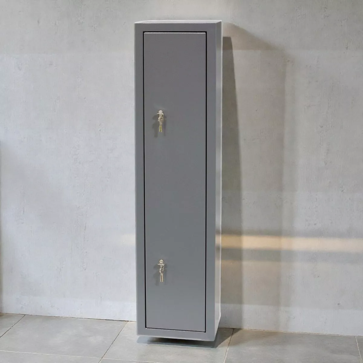 Open wall-mounted shotgun cabinet with secure internal gun storage