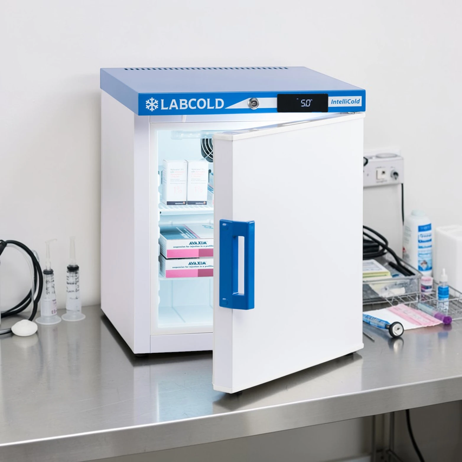 Drugs fridge in a clean veterinary treatment room for secure medicine storage