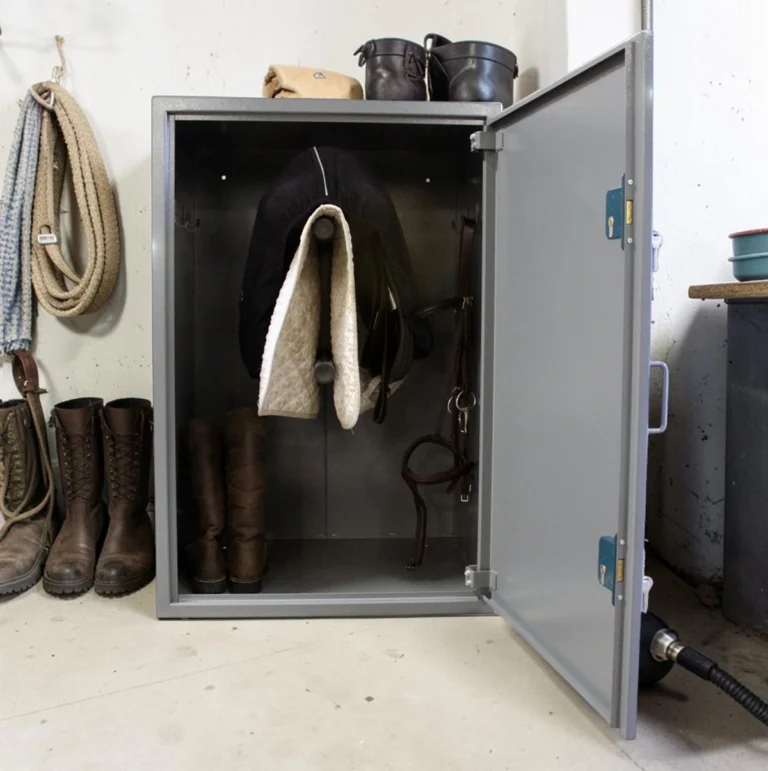 Saddle Safe storage unit in an equestrian setting with boots against a wall.